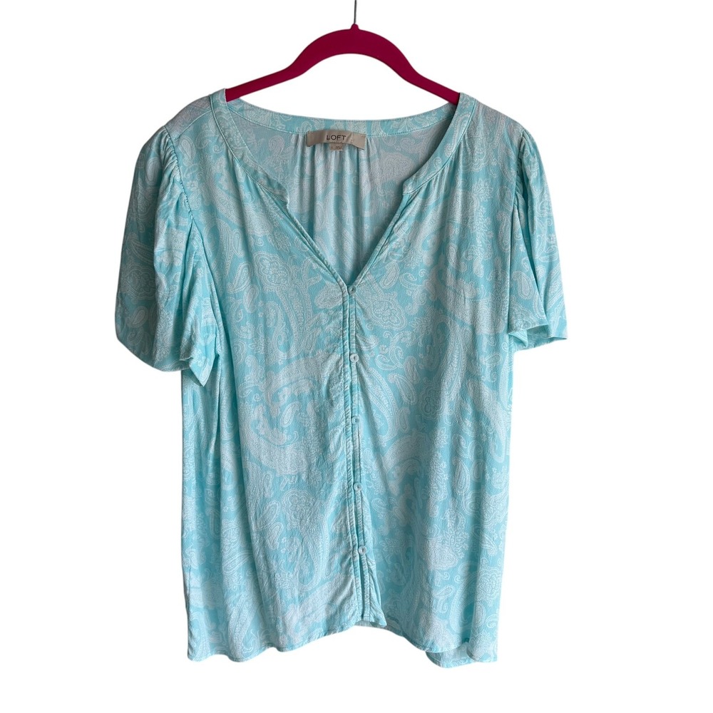 LOFT Light Turquoise Paisley Puff Sleeve Ladies V-Neck Blouse, L